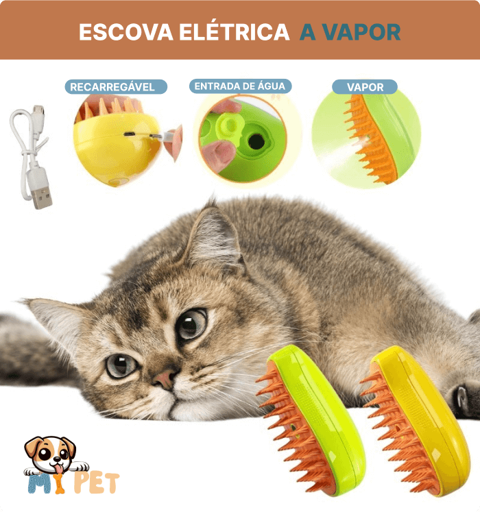 Escova 3 em 1 Para Caes e Gatos - Removedor de Pelos, Massagem Limpeza a Vapor | Escova Autolimpante para Pets